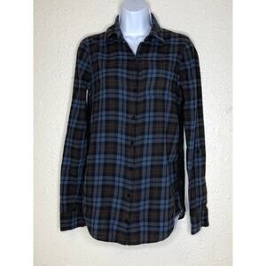 PINK Victoria's Secret Plaid Flannel Shirt with Lace Back XS, blue, brown, black